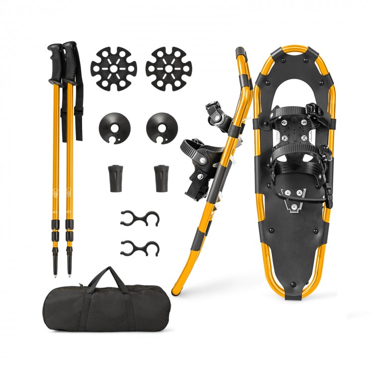 Lightweight 21-inch snowshoes with ski poles, durable aluminum alloy, and adjustable bindings for winter adventures.